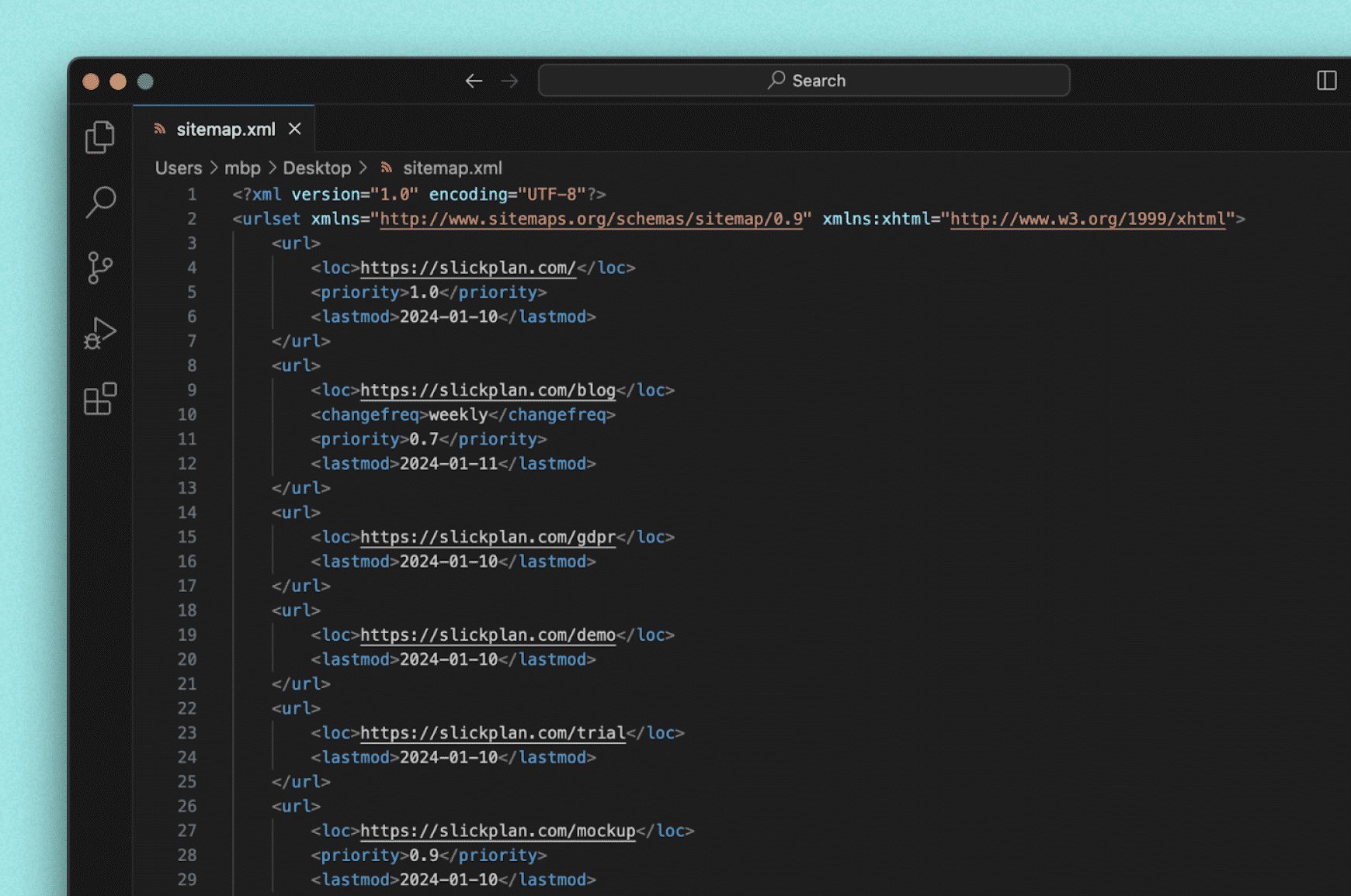 Sitemap.xml file opened in a code editor showing website URLs, priorities and last modified dates. 