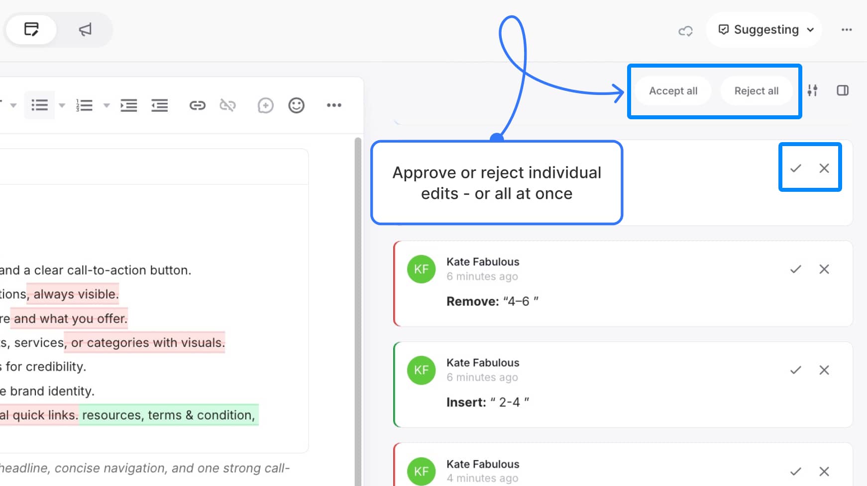Approve or reject individual edits — or all at once