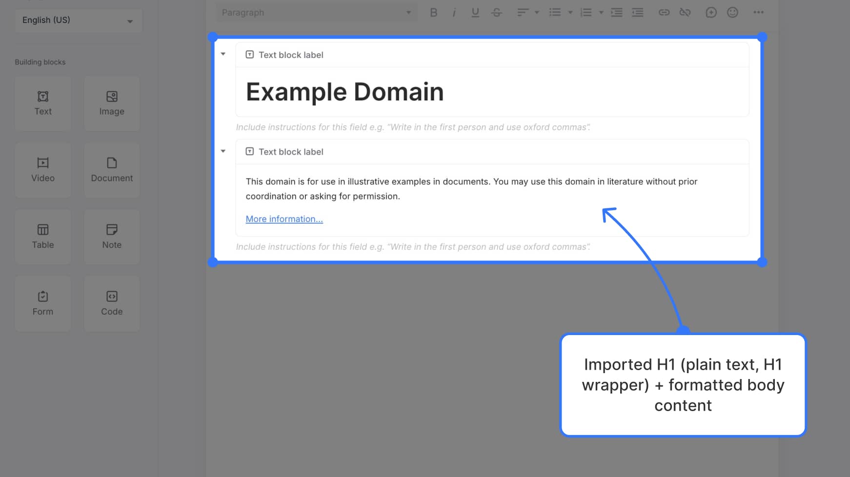 After import showing H1 block above rich text block — Label text: “Imported H1 (plain text, H1 wrapper) + formatted body content”