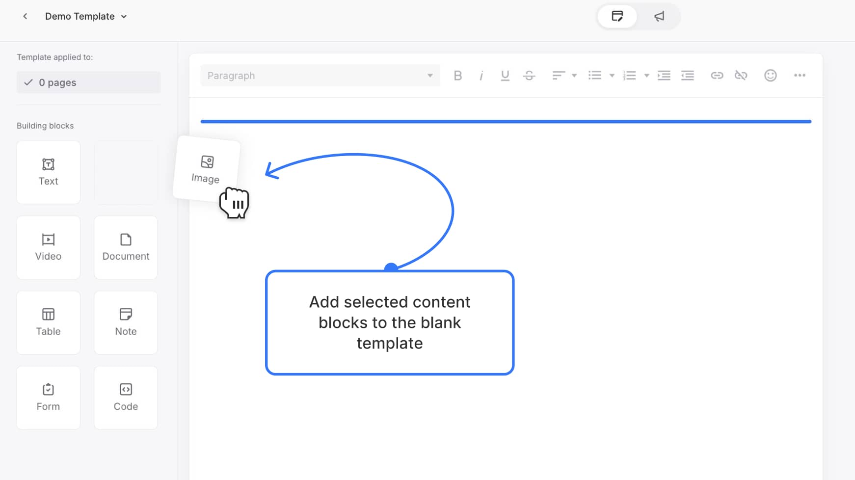 Blank template editor showing building blocks (text, image, video, document, etc.) ready to drag into the canvas.