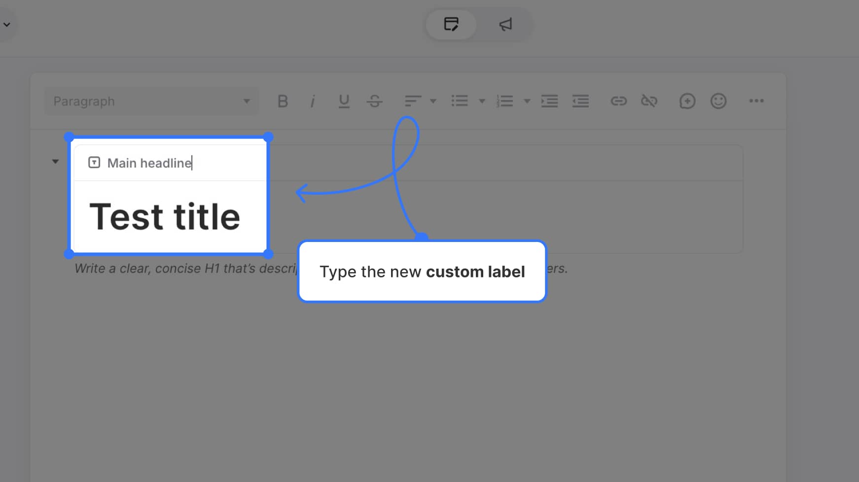 Block with a custom label being edited