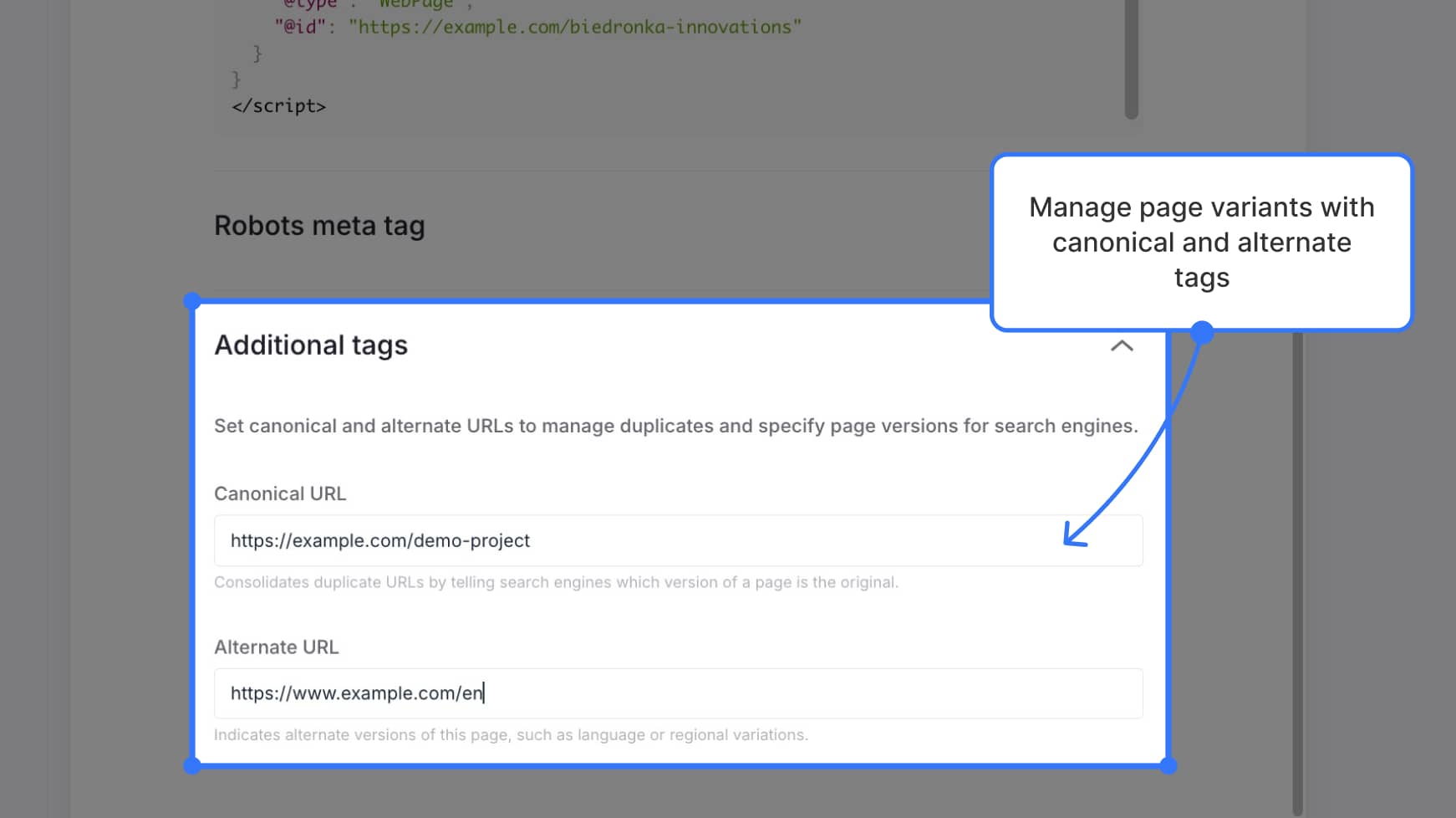Canonical + Alternate URL inputs — Label text: "Manage page variants with canonical and alternate tags"
