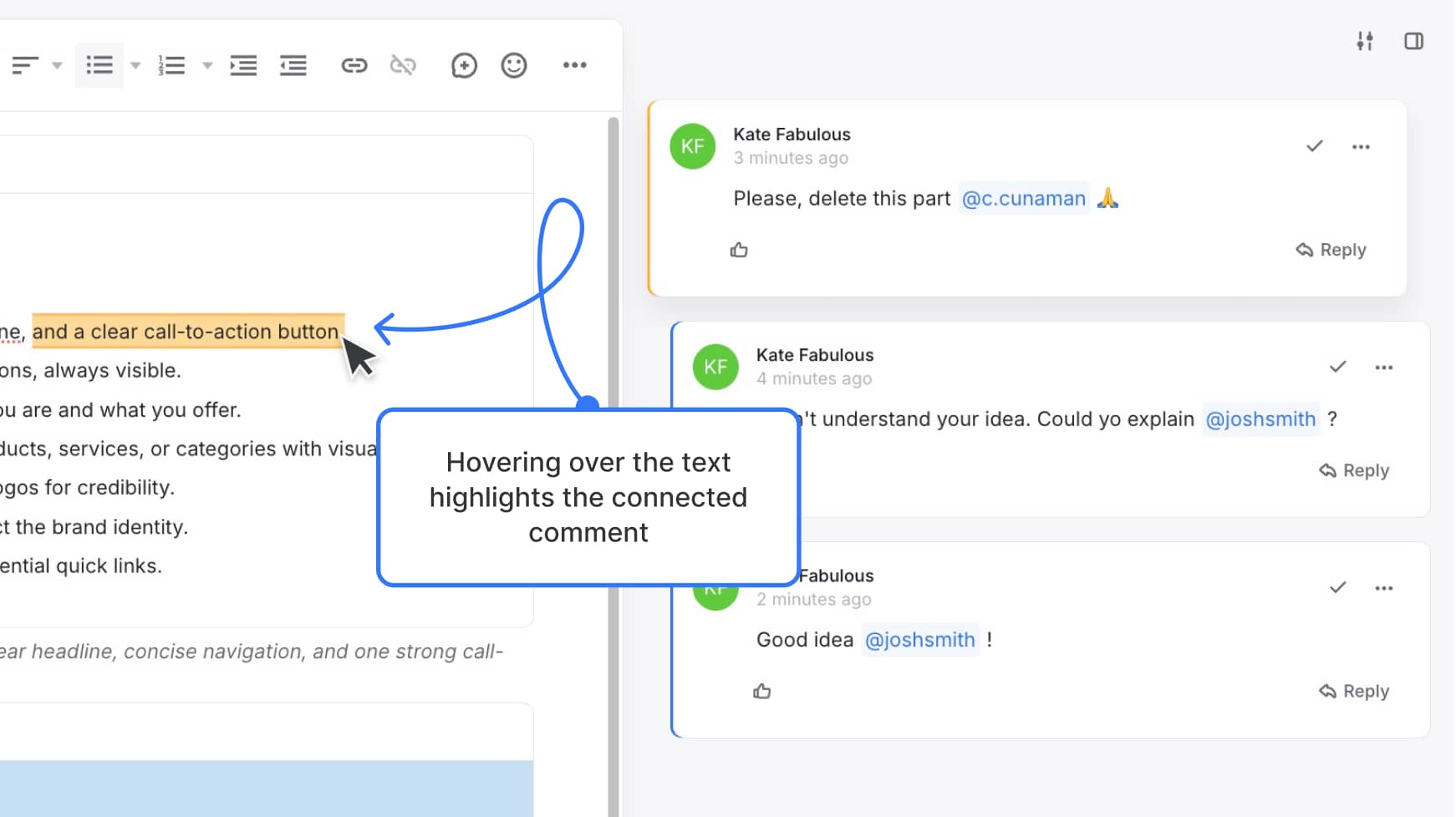 Submitted inline comment with colored text highlight — Label text: "Hovering over the text highlights the connected comment"