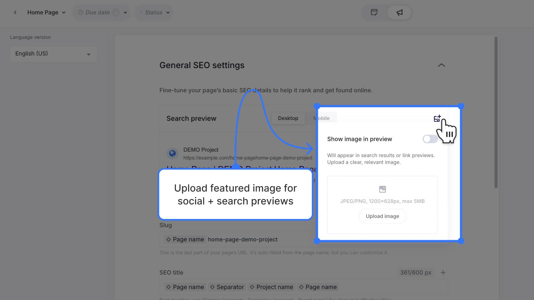 Image upload modal with size requirements — Label text: "Upload featured image for social + search previews"