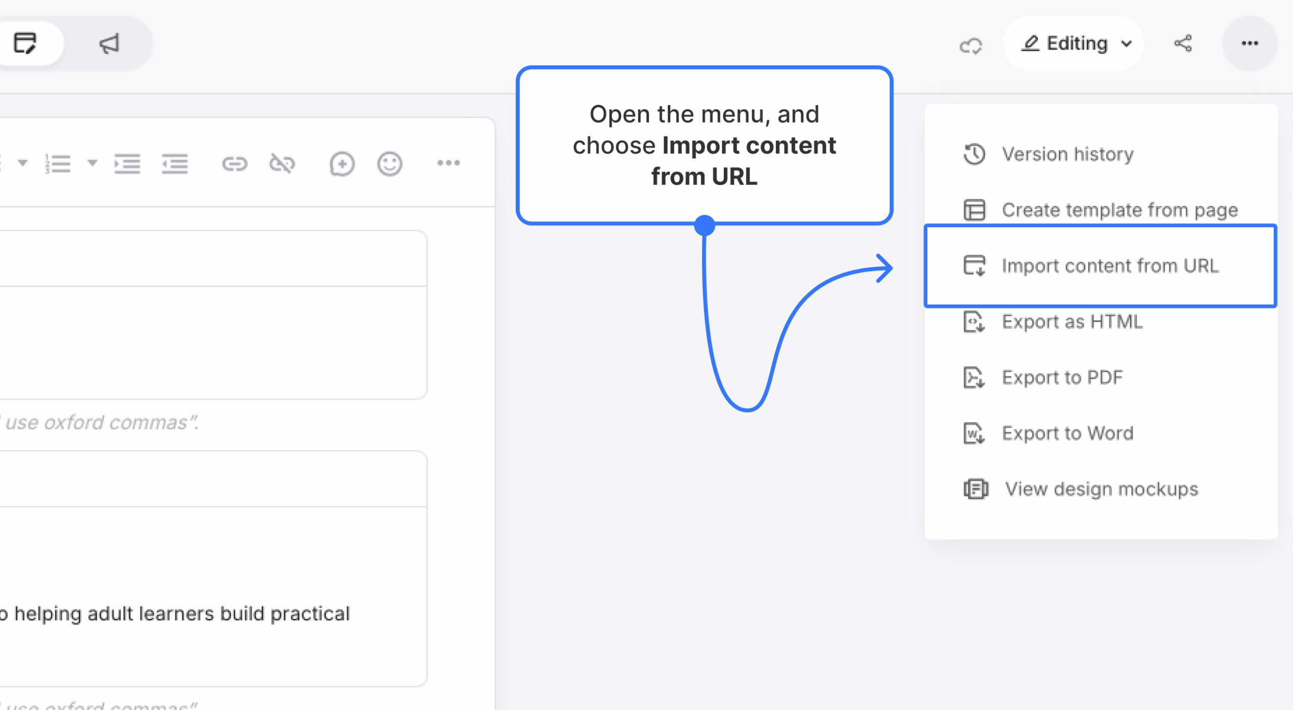 three-dot menu open with “Import content from URL” highlighted — Label text: “Open the menu, then choose Import content from URL"