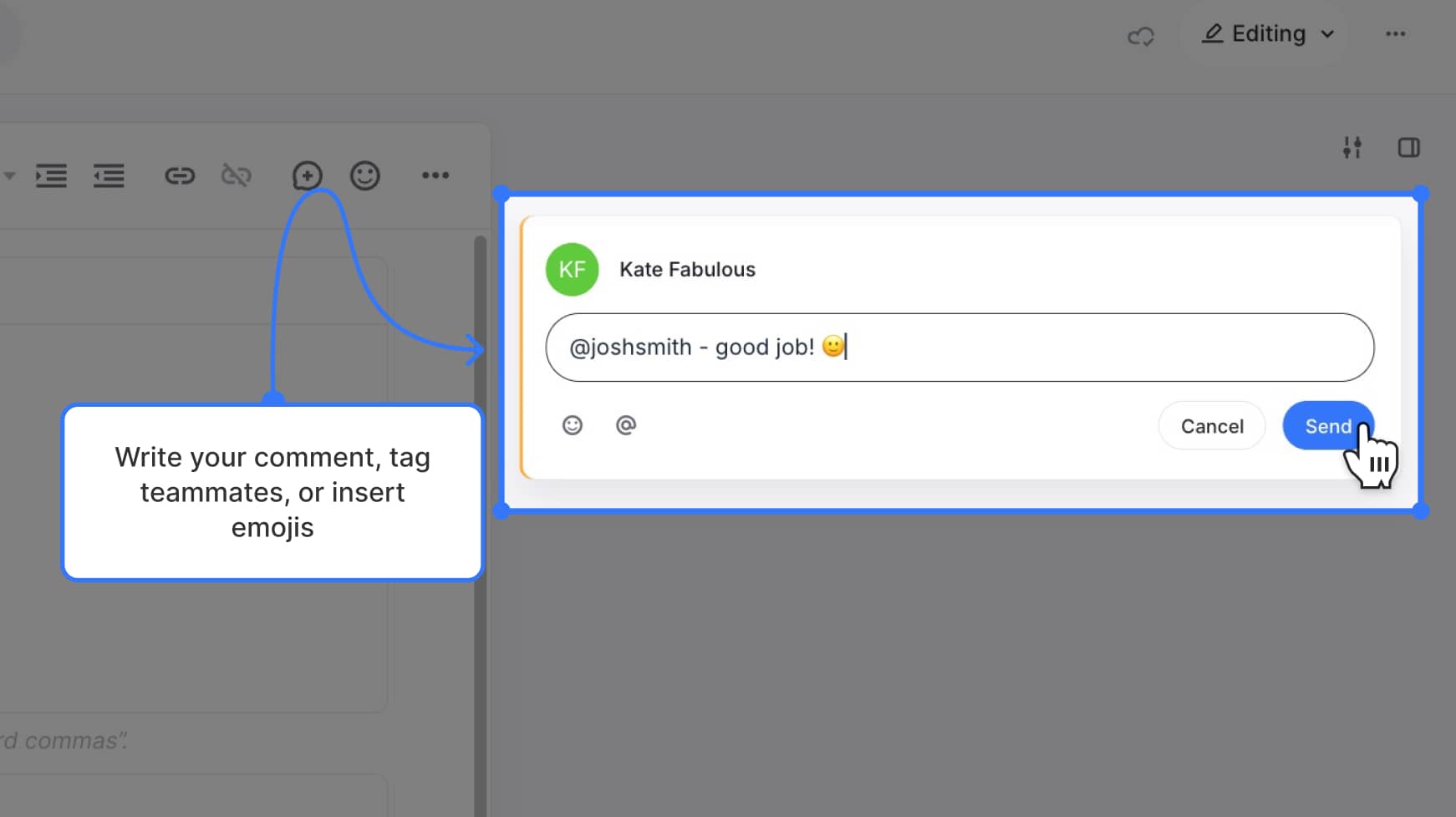 Inline comment being written — Label text: "Write your comment, tag teammates, or insert emojis"