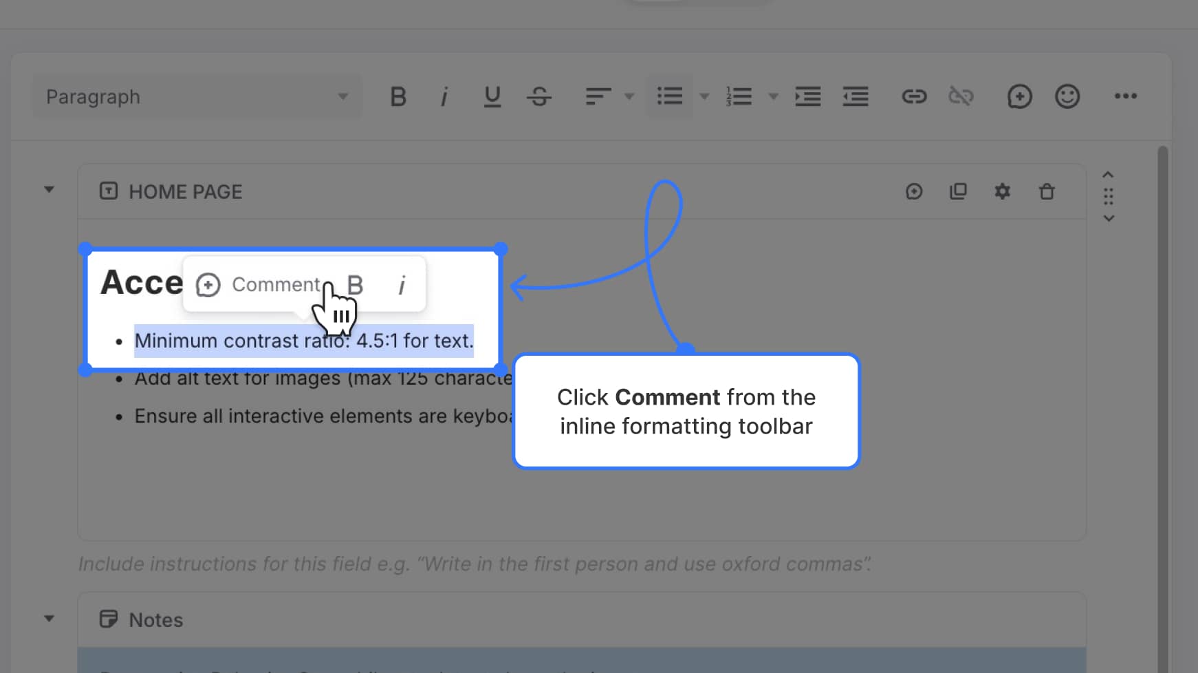 Inline formatting menu with Comment option selected — Label text: "Click 'Comment' from the inline formatting toolbar"