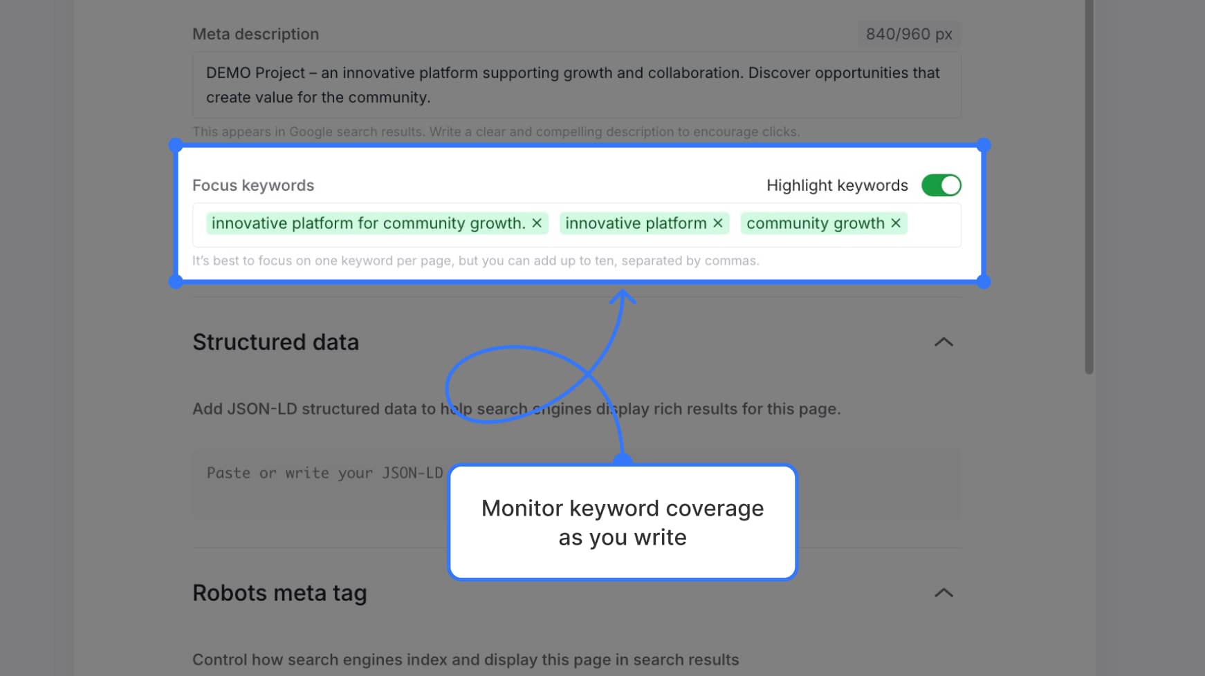Keyword input + toggle on + highlighted keywords in content — Label text: "Monitor keyword coverage as you write"