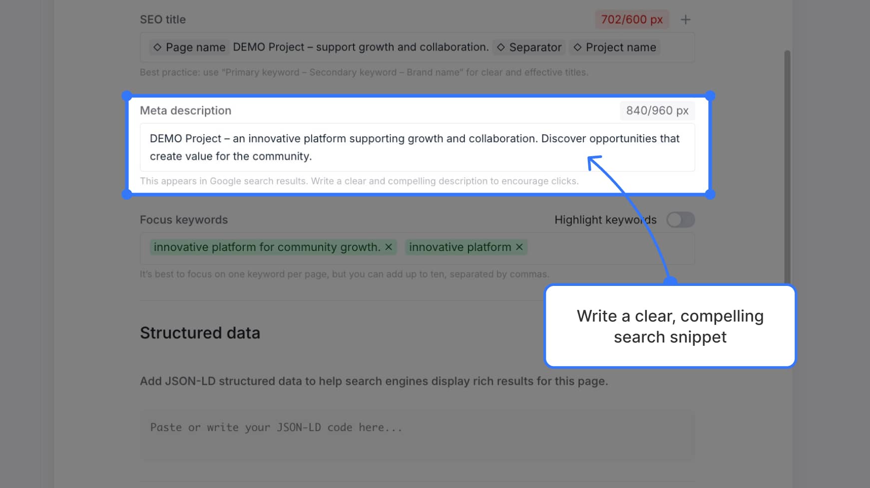 Meta description input with character counter — Label text: "Write a clear, compelling search snippet"