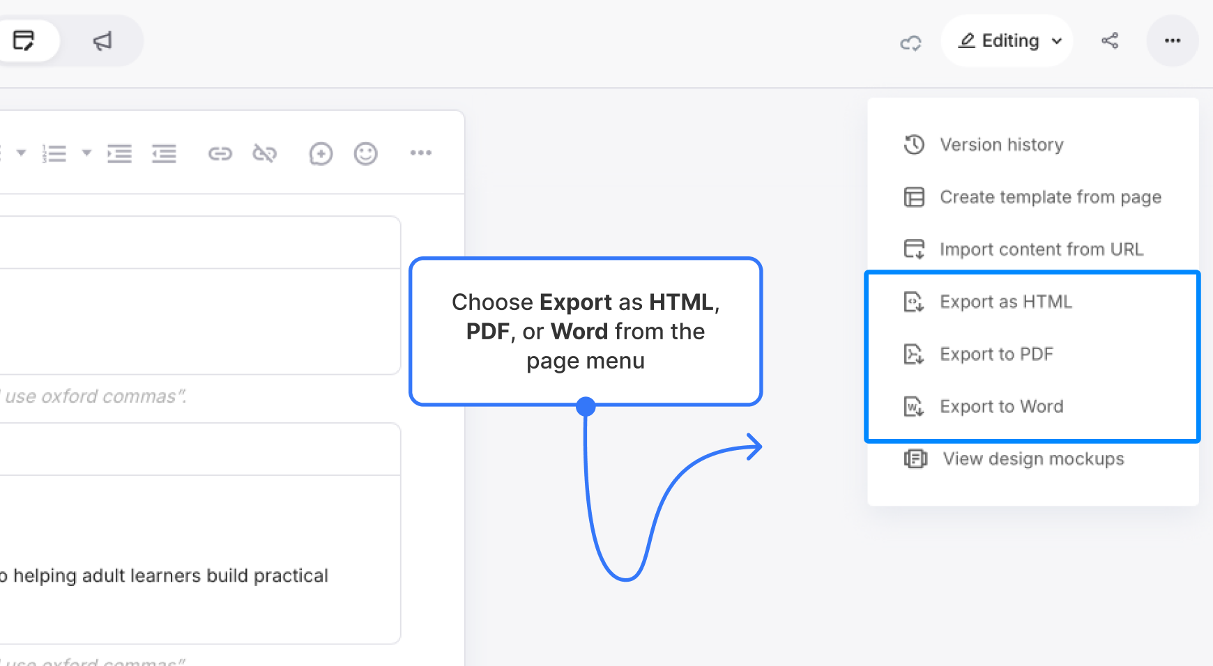 Choose Export to HTML, PDF or Export to Word from the page menu