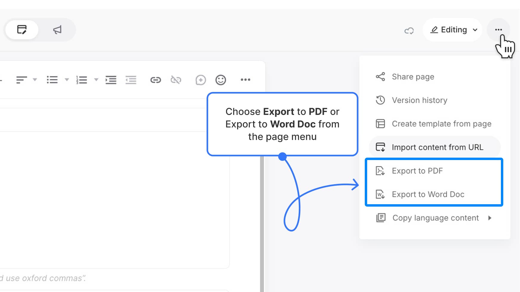 Choose Export to PDF or Export to Word Doc from the page menu