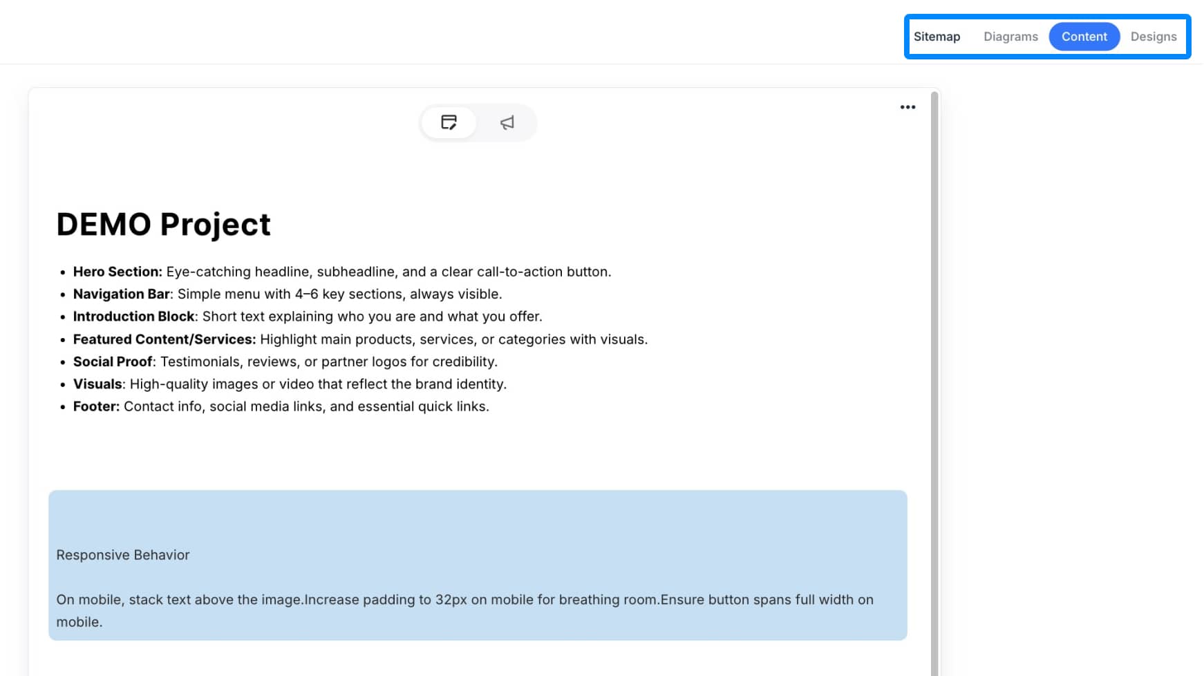 Preview mode showing navigation tabs for sitemap, diagrams, content, and designs