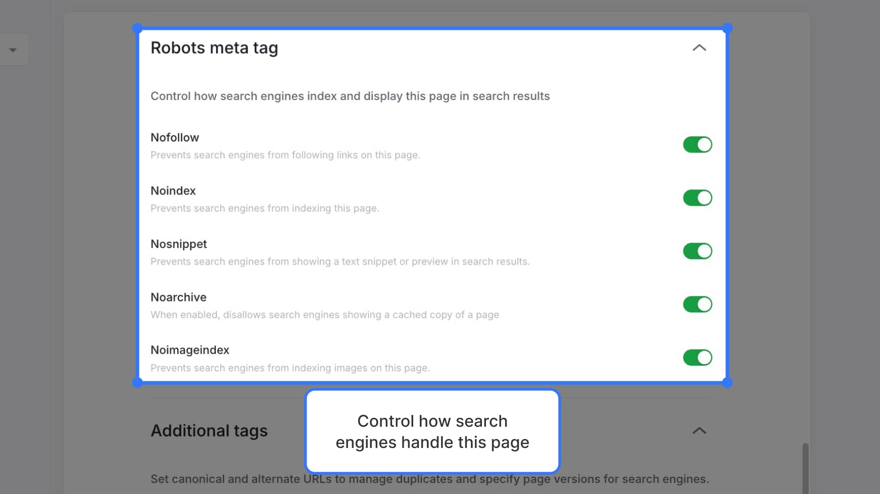 Robots meta settings with all toggles — Label text: "Control how search engines handle this page"