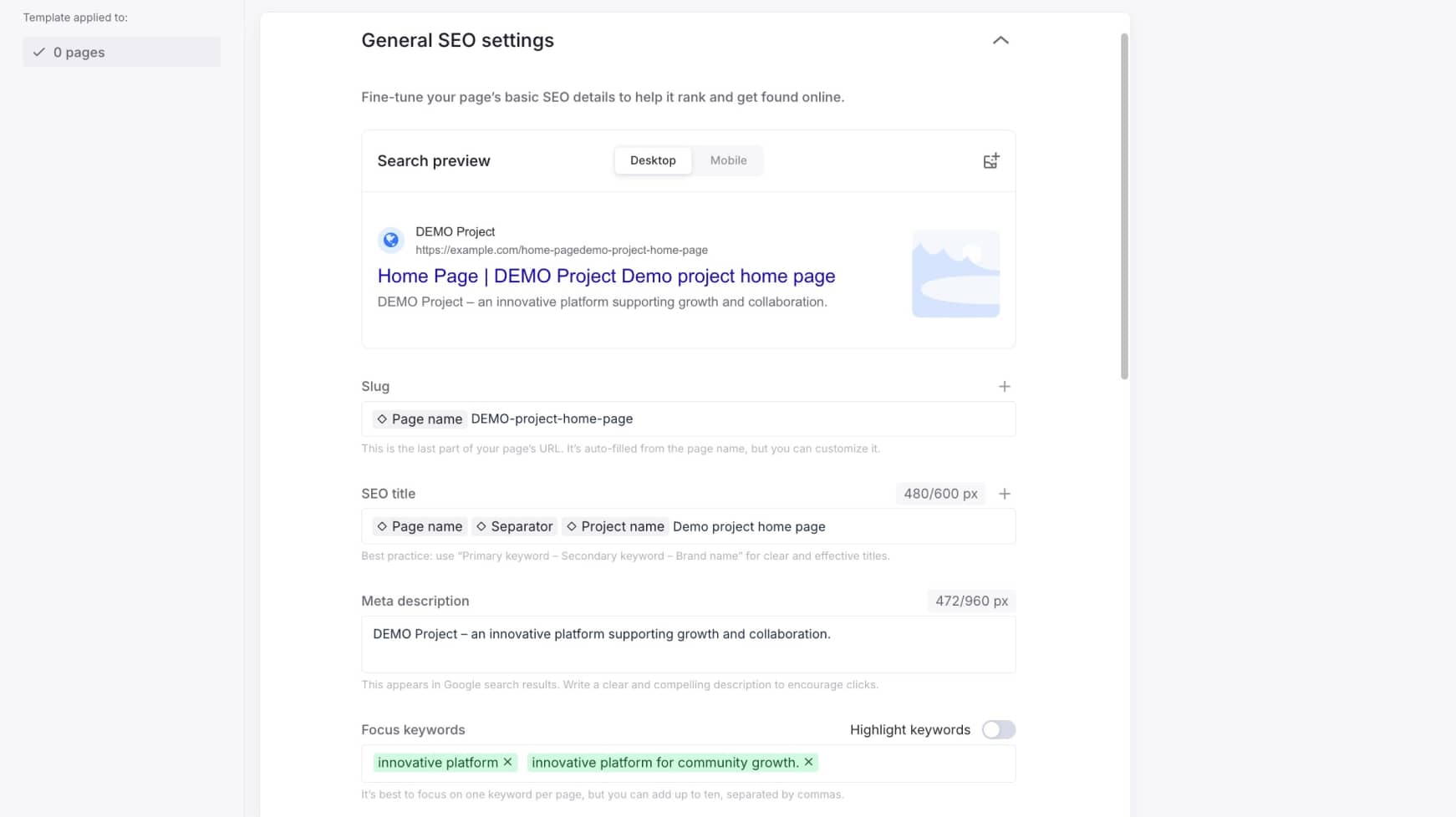 SEO settings in template editor showing slug, SEO title, meta description, and focus keyword fields
