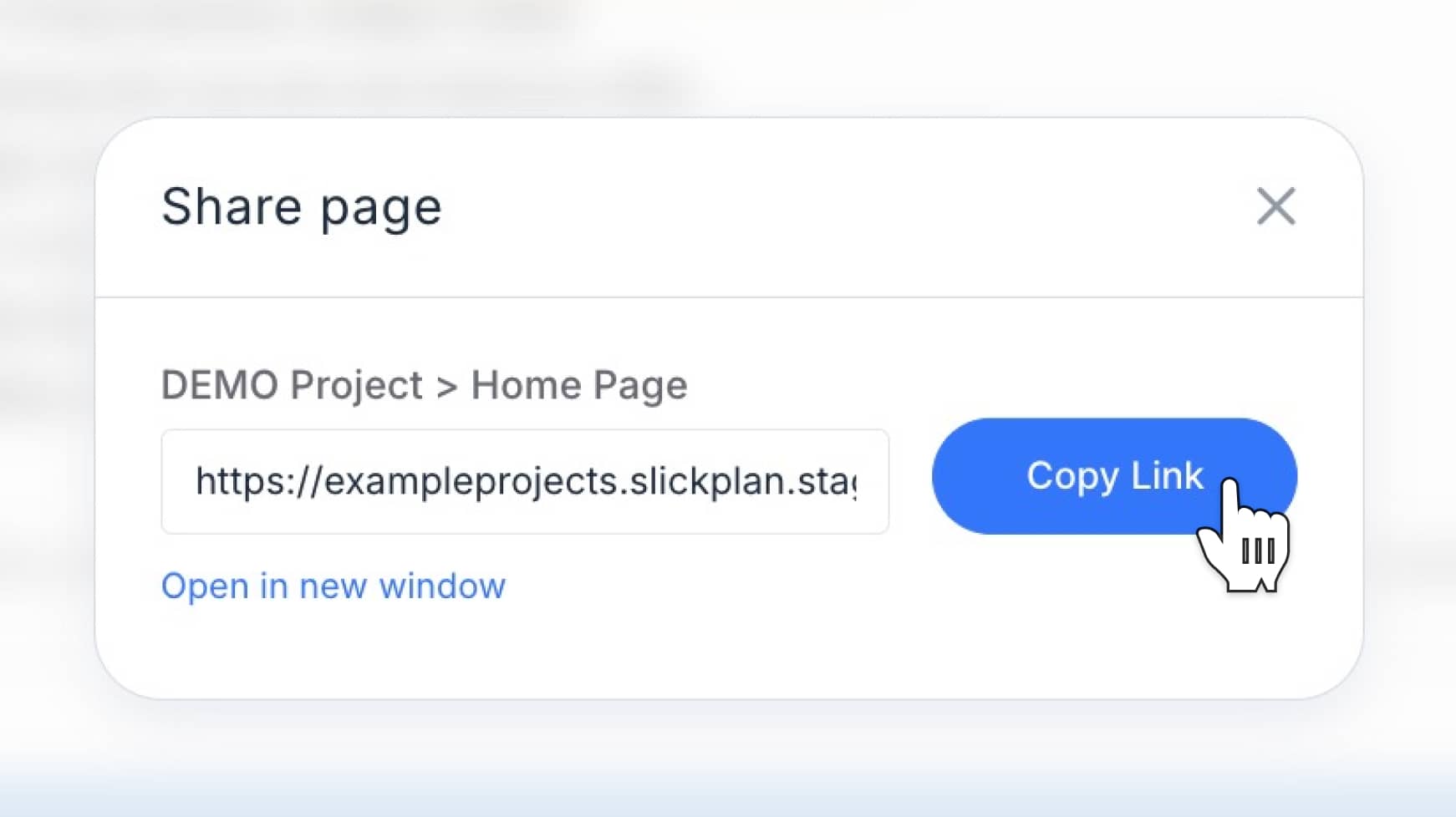 Share options in Slickplan showing how to copy a preview link for a project or single page