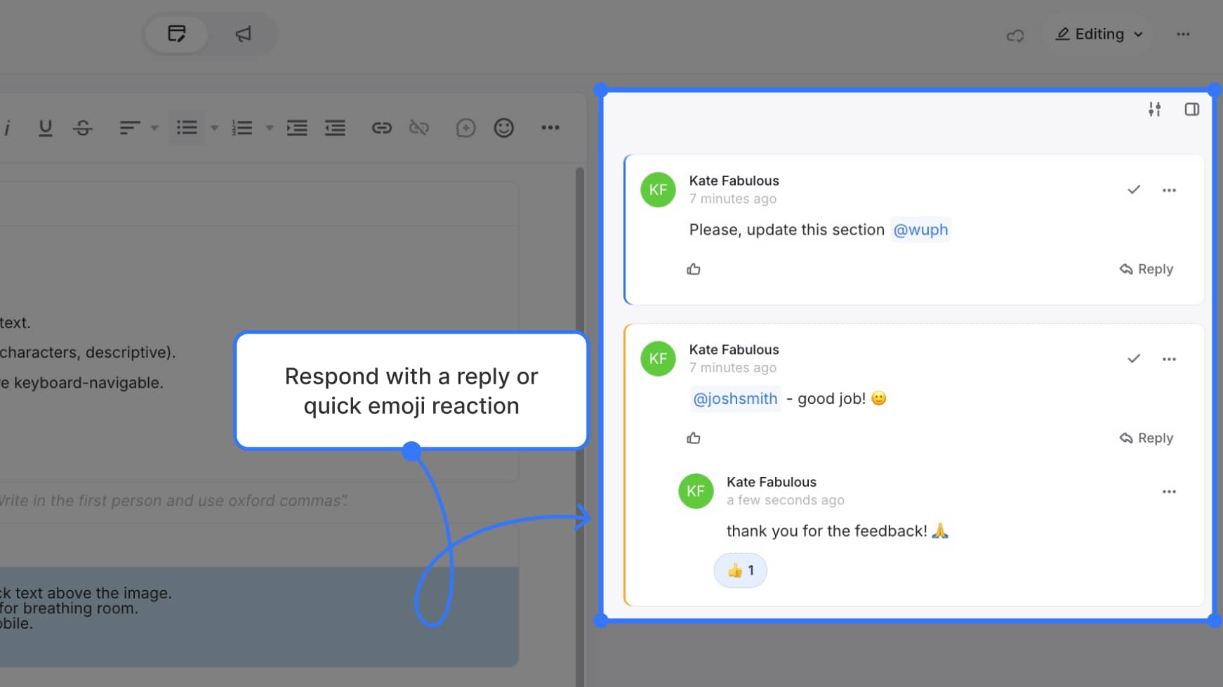 Sidebar showing a comment with reply and emoji reactions — Label text: "Respond with a reply or quick emoji reaction"