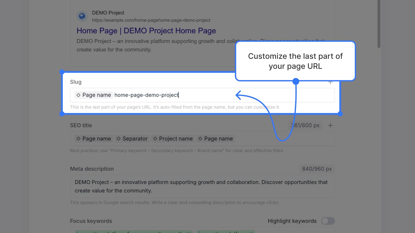 Slug field with page name variable inserted — Label text: "Customize the last part of your page URL"