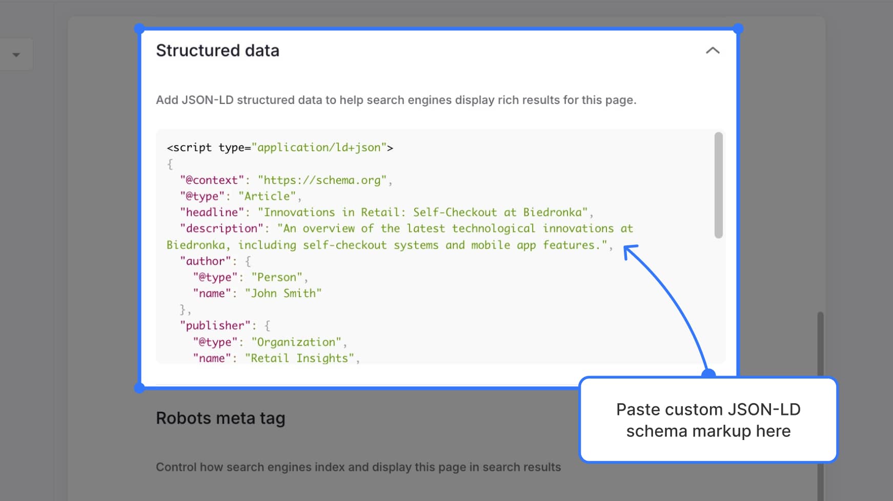Structured data input field — Label text: "Paste custom JSON-LD schema markup here"
