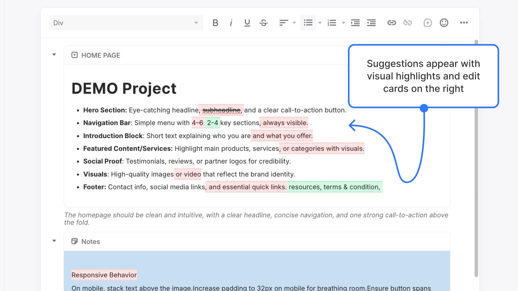 Suggestions appear with visual highlights and edit cards on the right