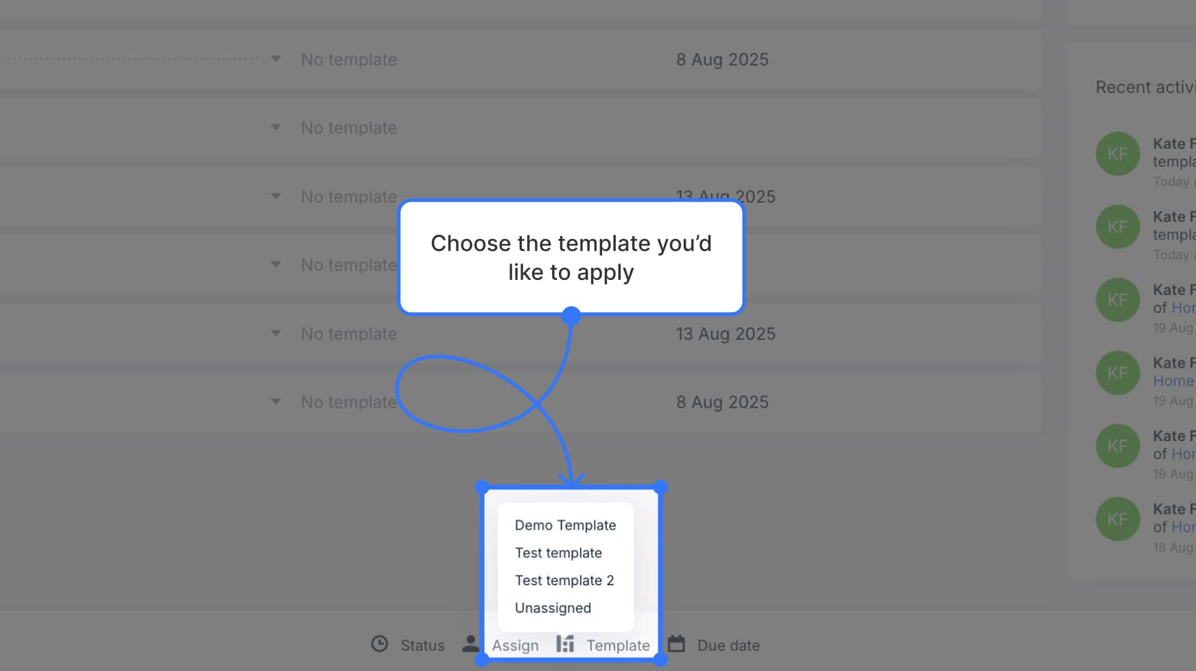 Dropdown menu listing available templates to assign to pages