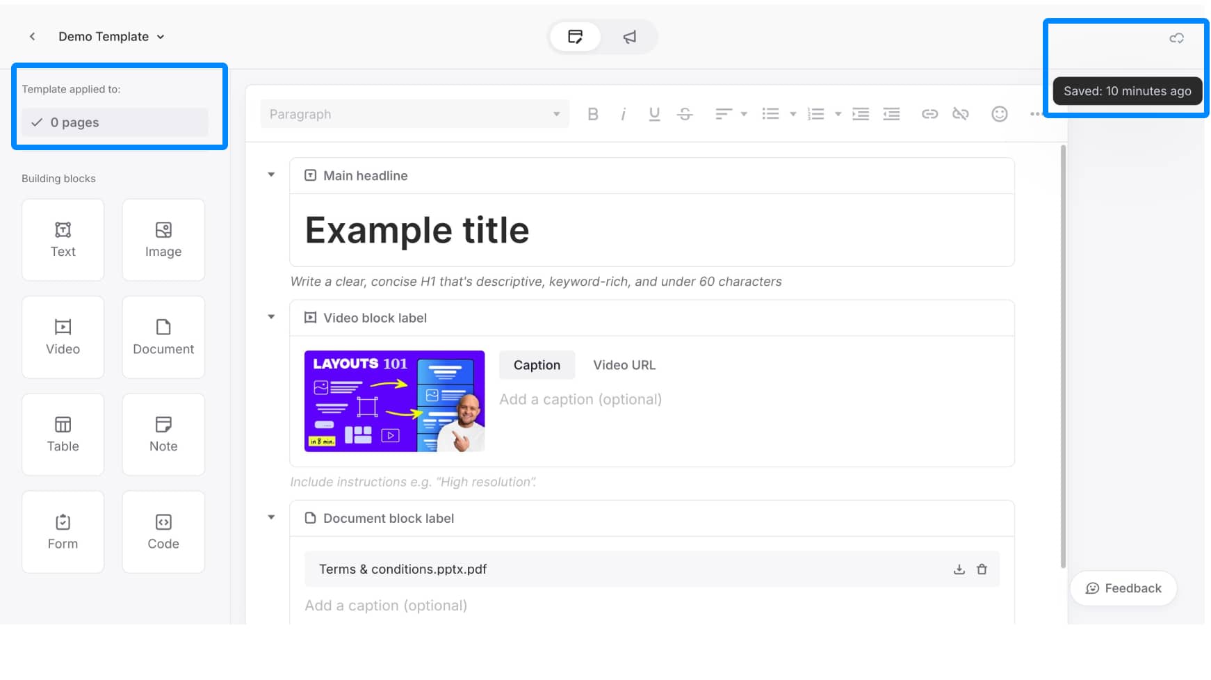 Template editor showing save checkmark and template applied to 0 pages