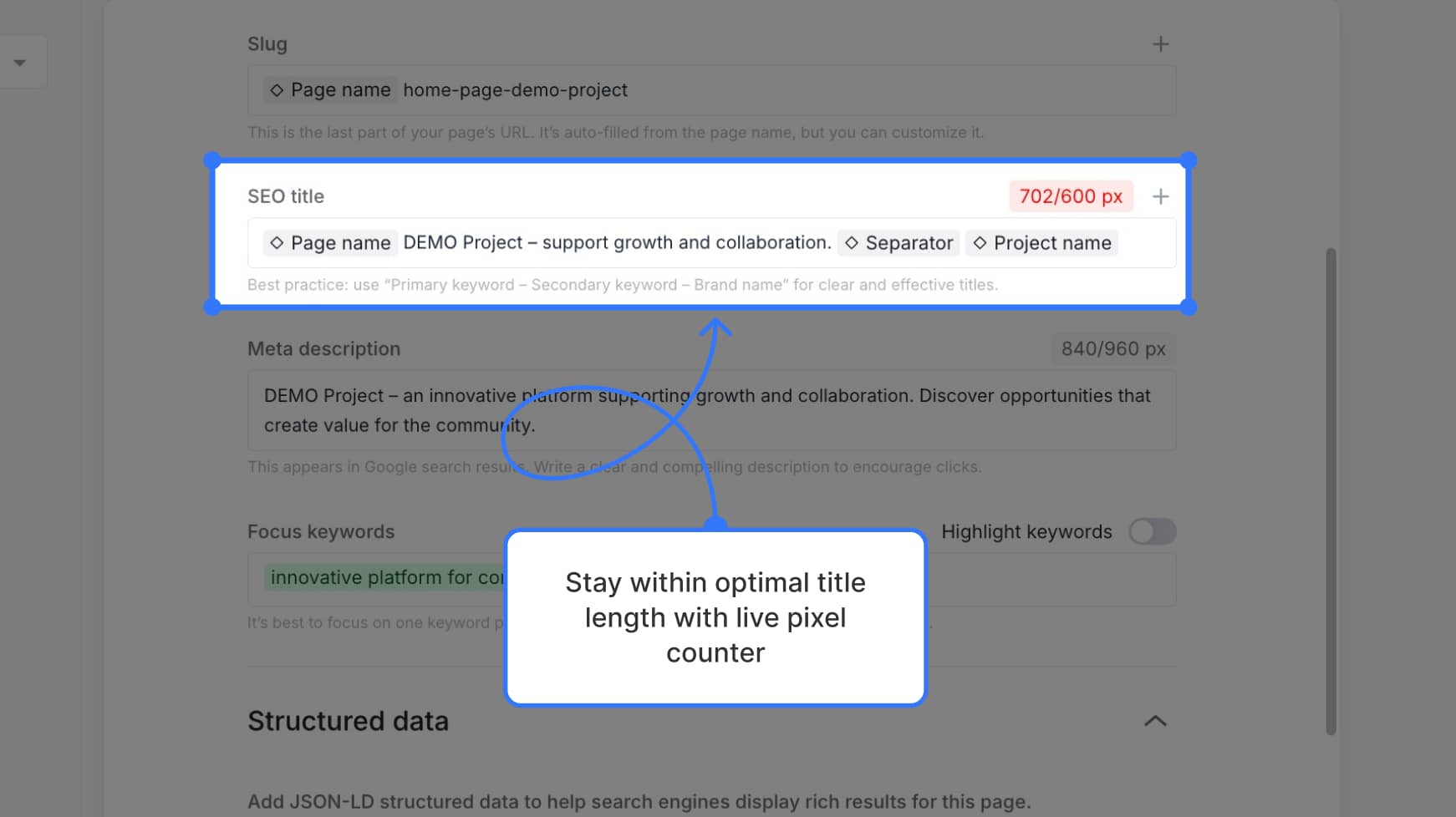 Title field with pixel counter and variable tags — Label text: "Stay within optimal title length with live pixel counter"