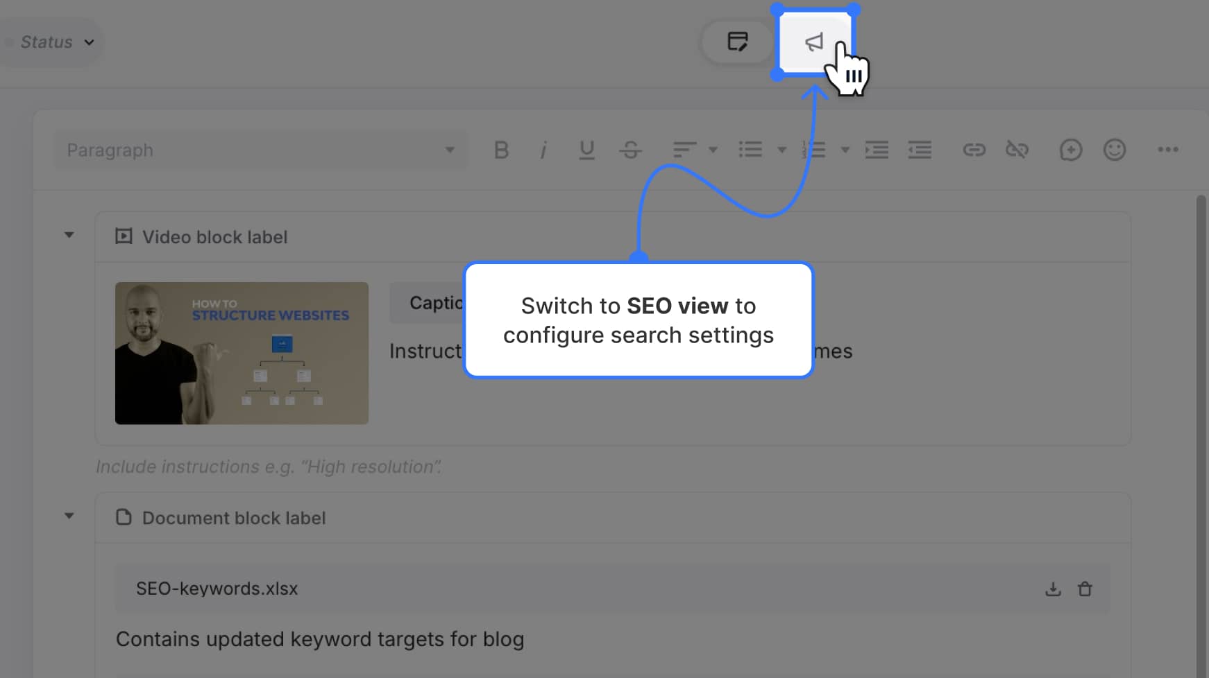 Top bar with SEO view tab highlighted — Label text: "Switch to SEO view to configure search settings"