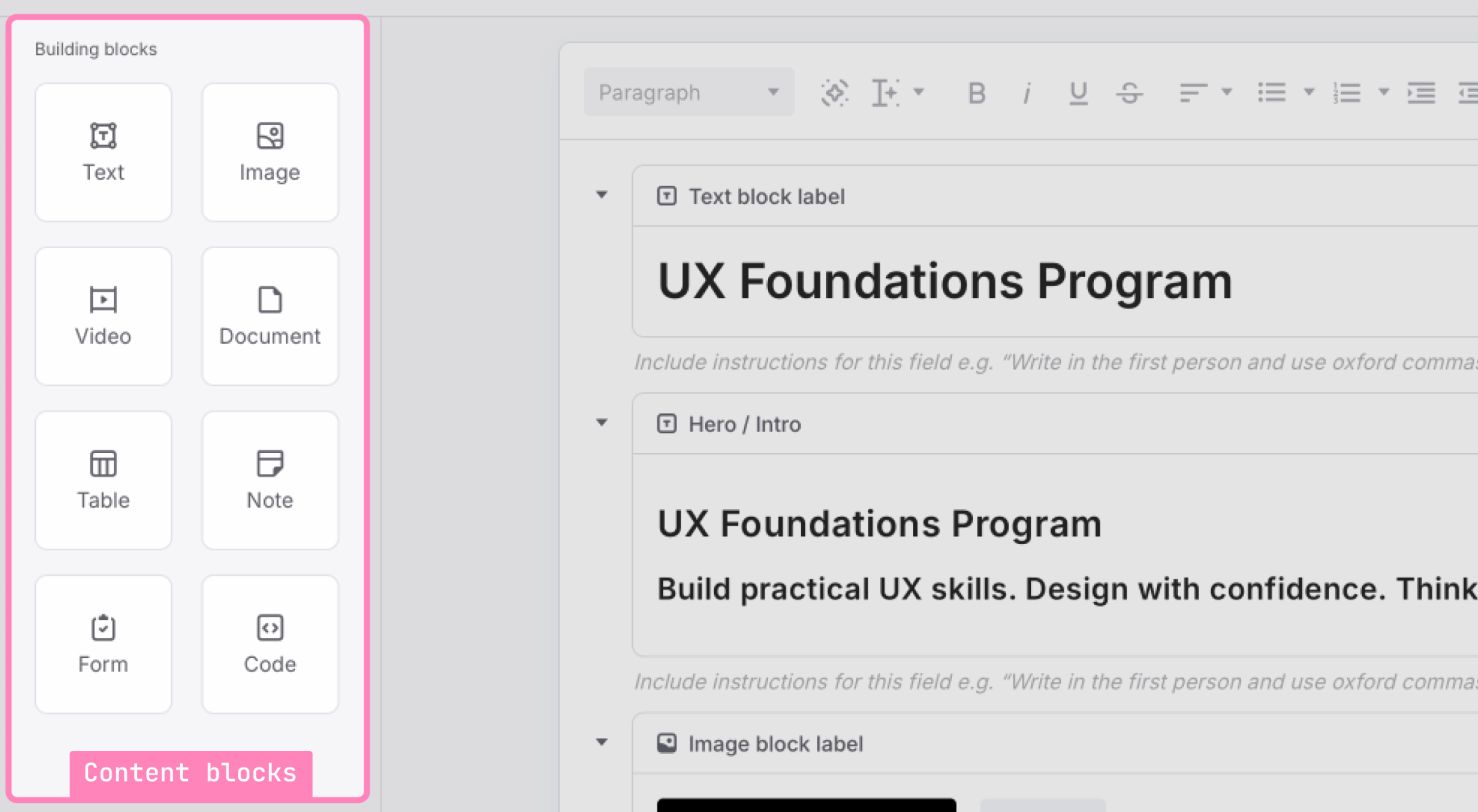 Screenshot of the content blocks menu in the page editor, highlighting available block types such as text, image, video, table, note, document, form, and code