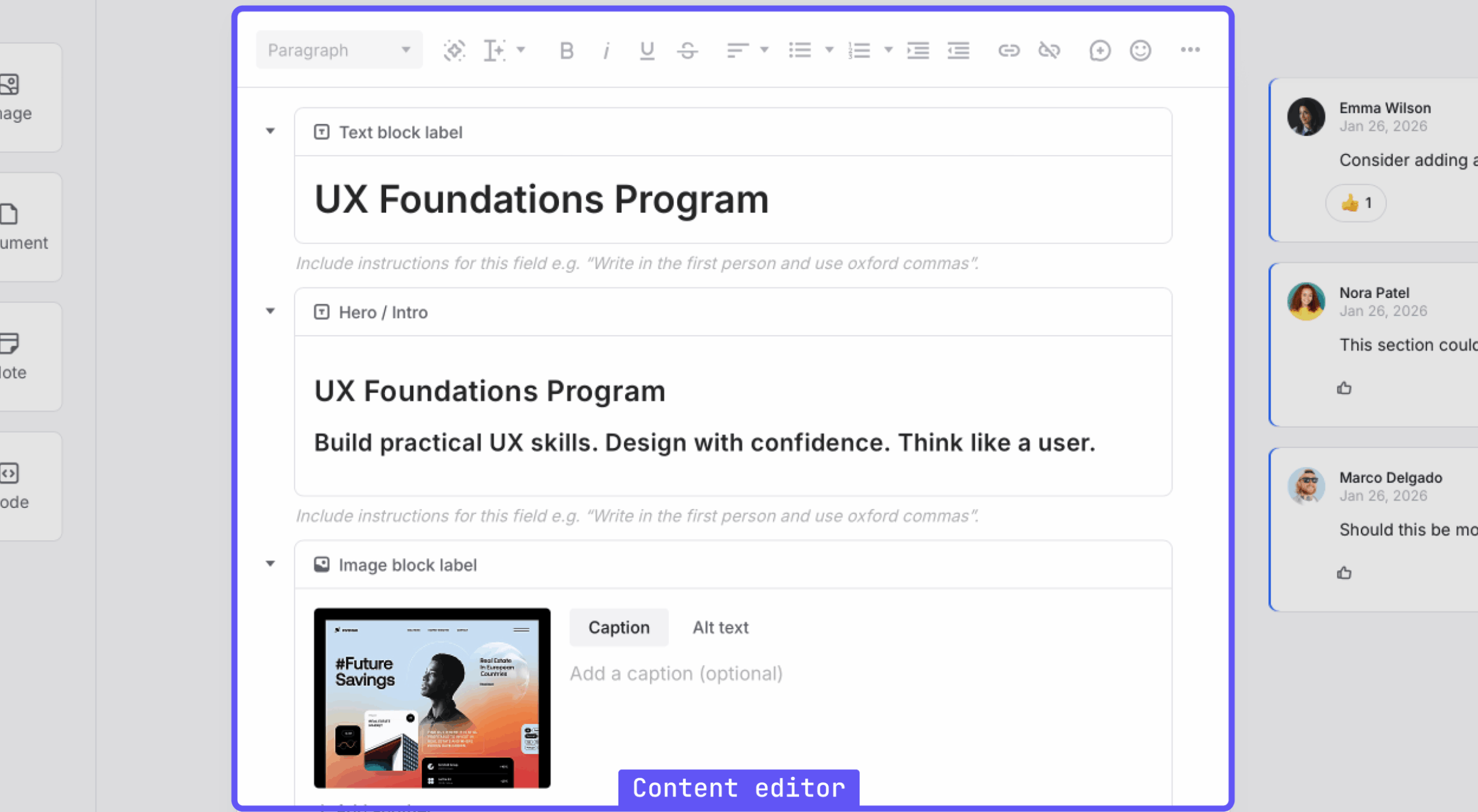Screenshot of the content editor workspace showing a text block, image block, and document block with editing controls