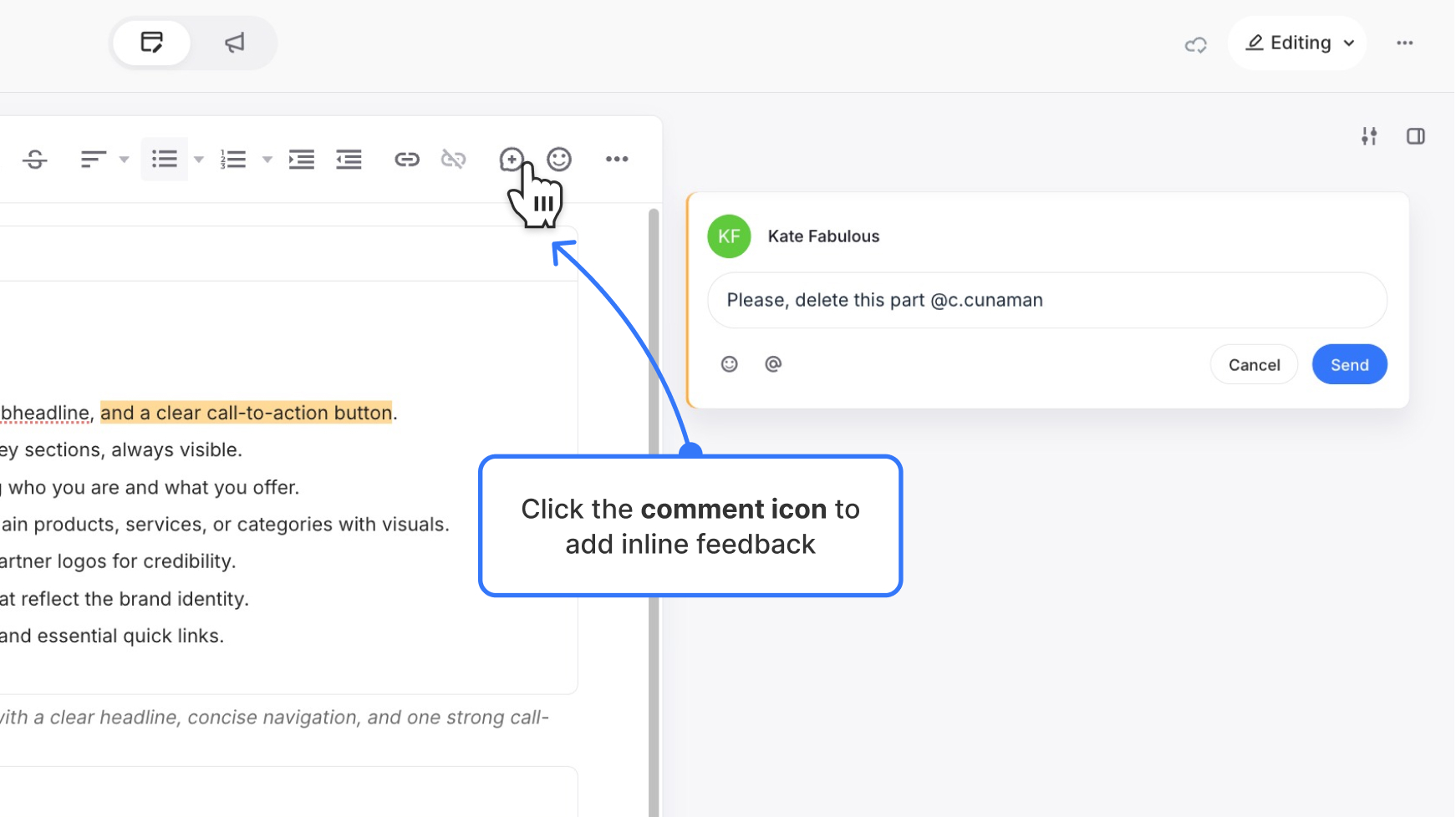 Editor toolbar with comment icon highlighted — Label text: "Click the comment icon to add inline feedback"
