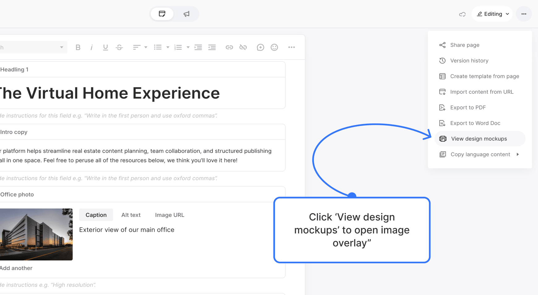 More options menu with “View design mockups” highlighted