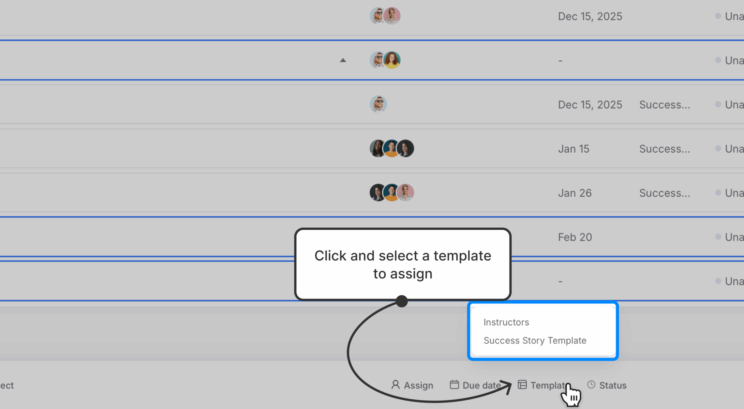 Bulk action bar in Content Planner with Template option visible