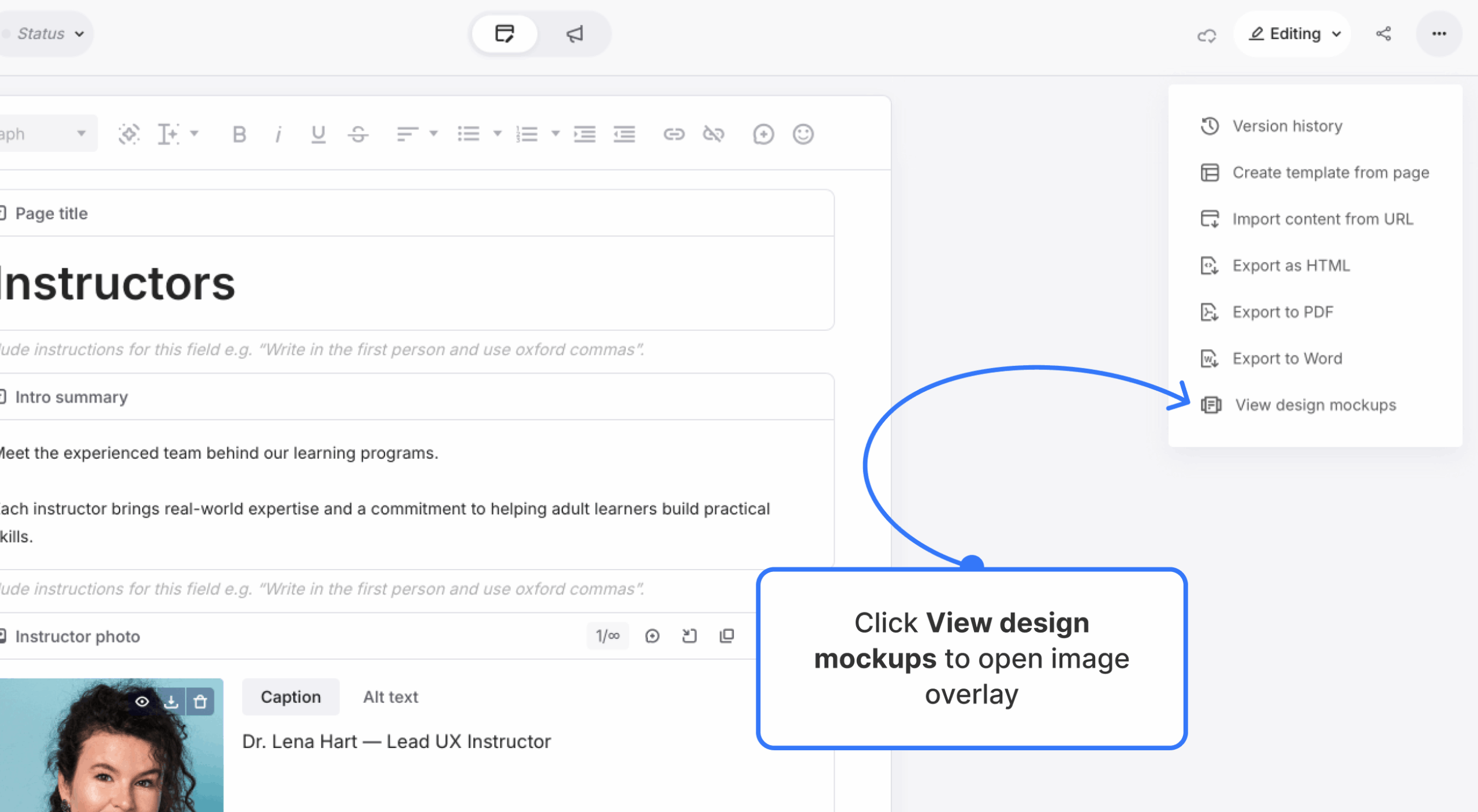More options menu with “View design mockups” highlighted