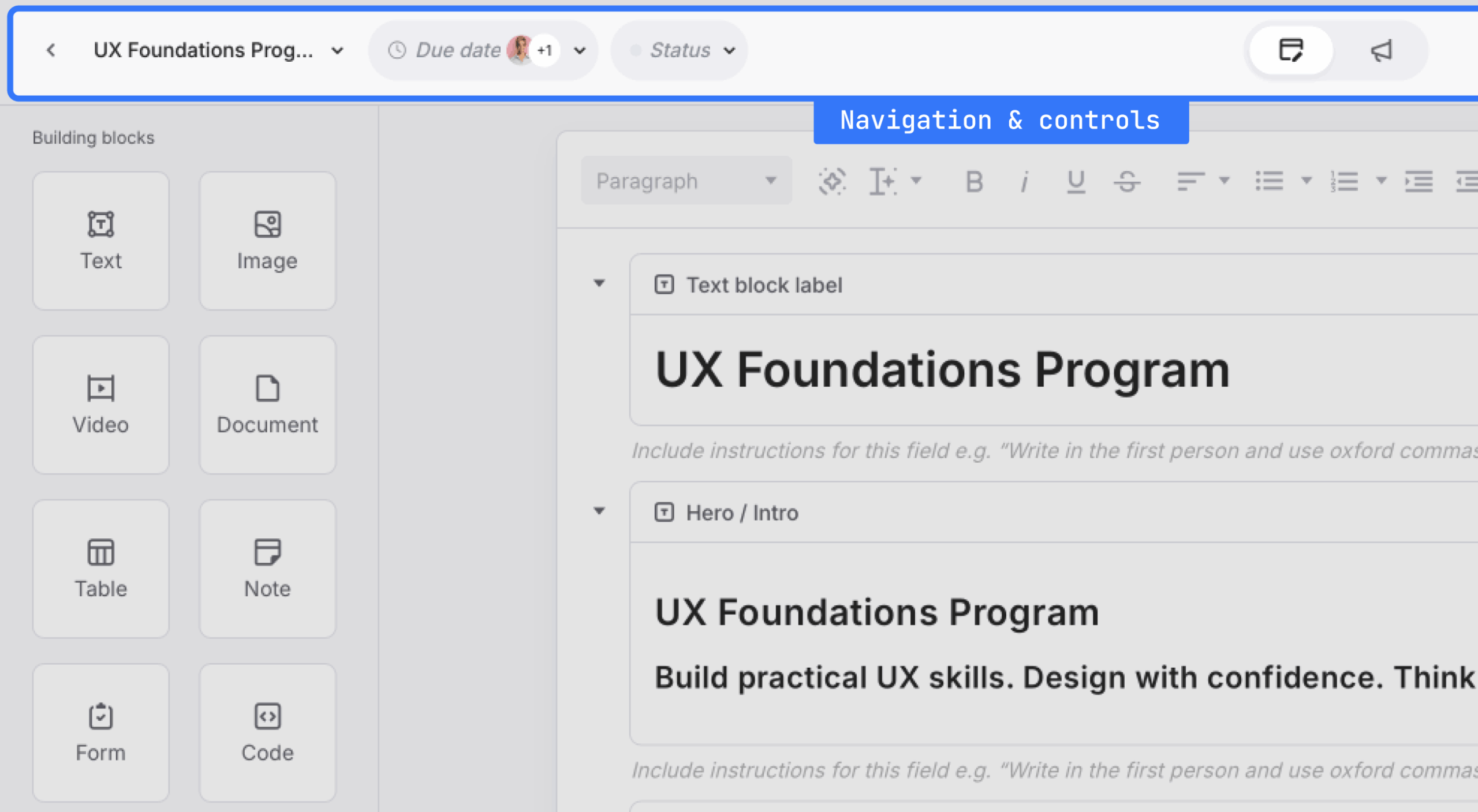 Screenshot of the top navigation and controls bar in the page editor, showing page name, due date, status, and editing options