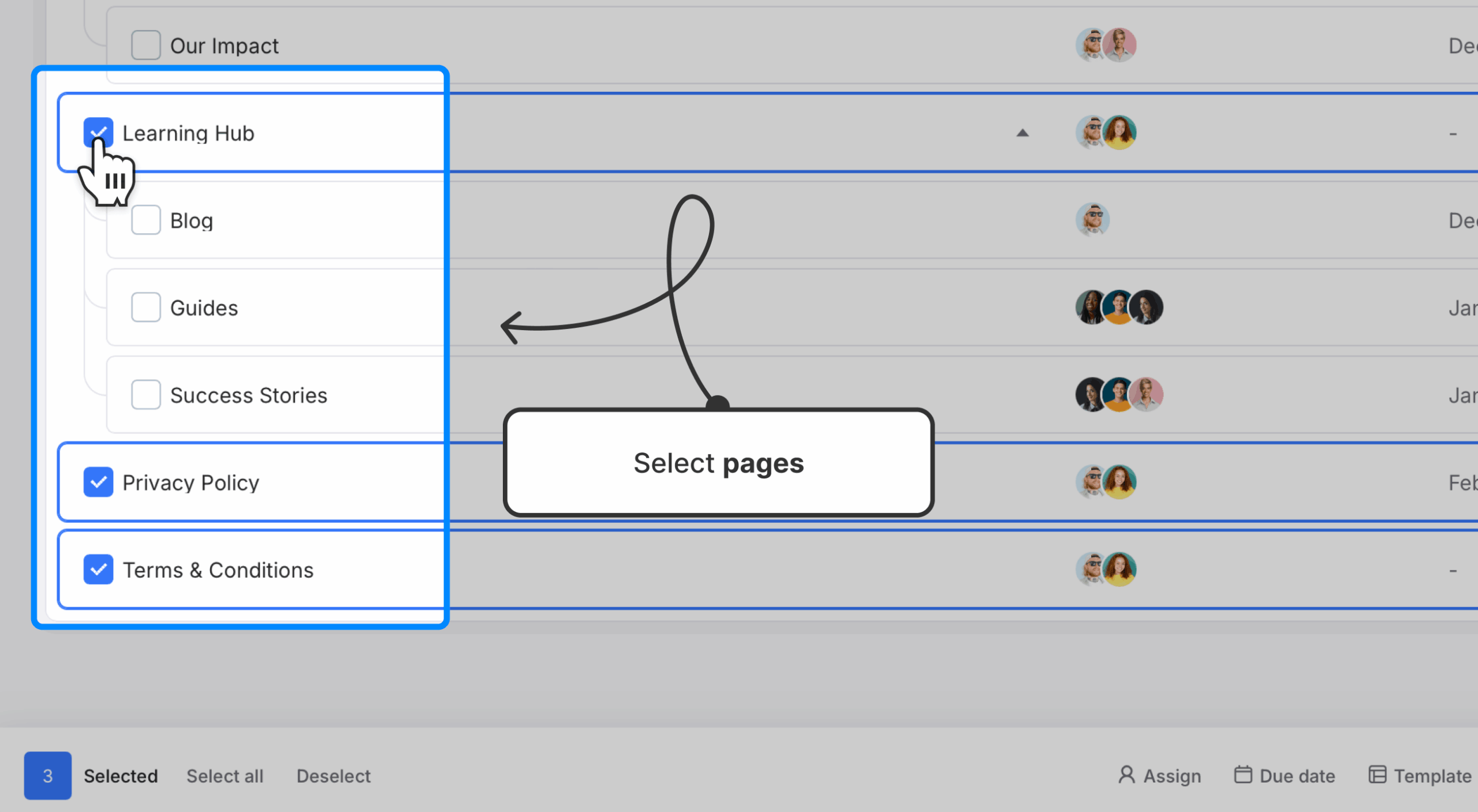 Content Planner dashboard showing pages selected with checkboxes