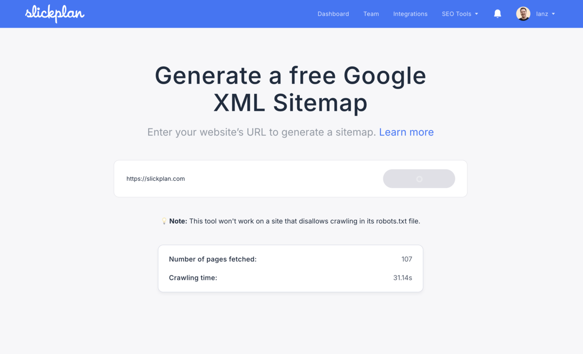 Creating a sitemap with Slickplan’s free Google XML sitemap by entering a site’s URL.