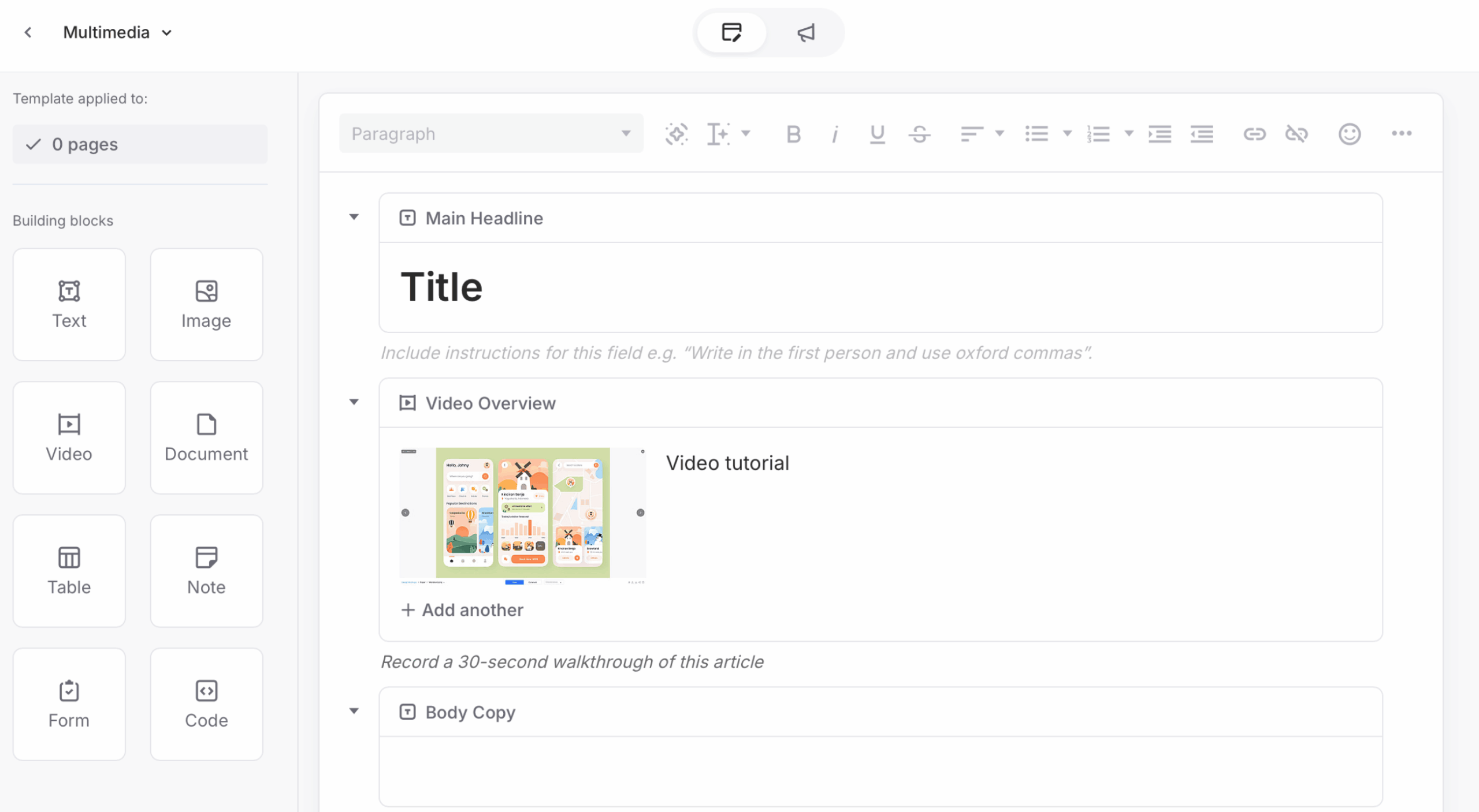 Custom template with text, video, and body copy blocks labeled and arranged.