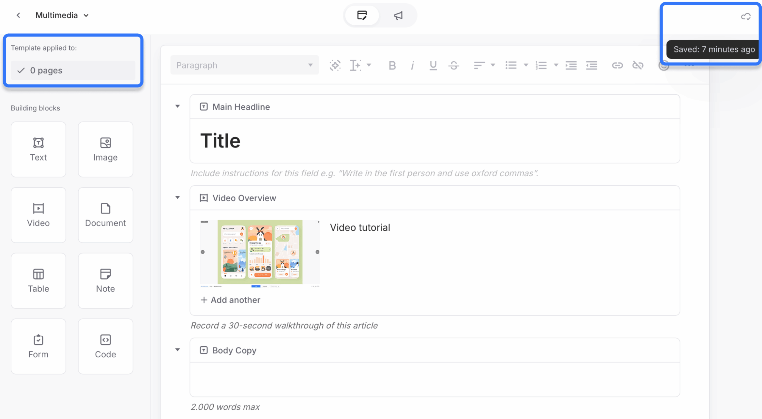 Template editor showing save checkmark and template applied to zero pages