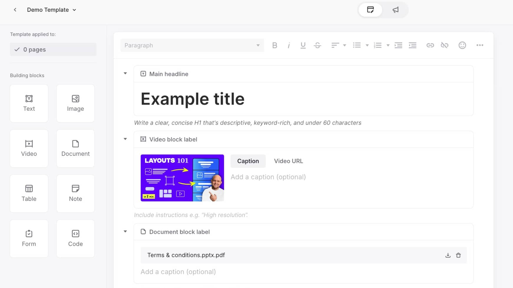 Custom template with text, video, and body copy blocks labeled and arranged.