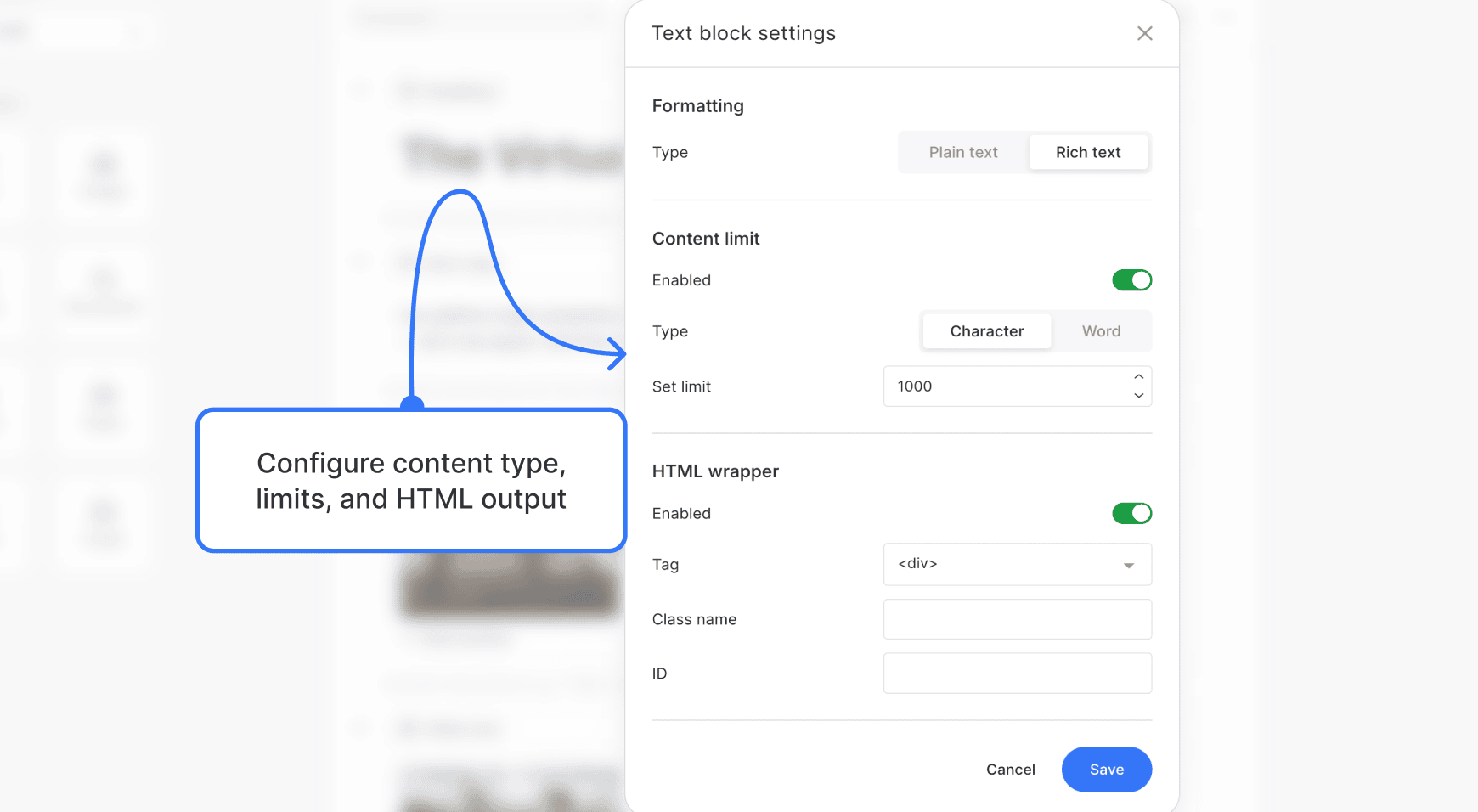 Text block settings modal open