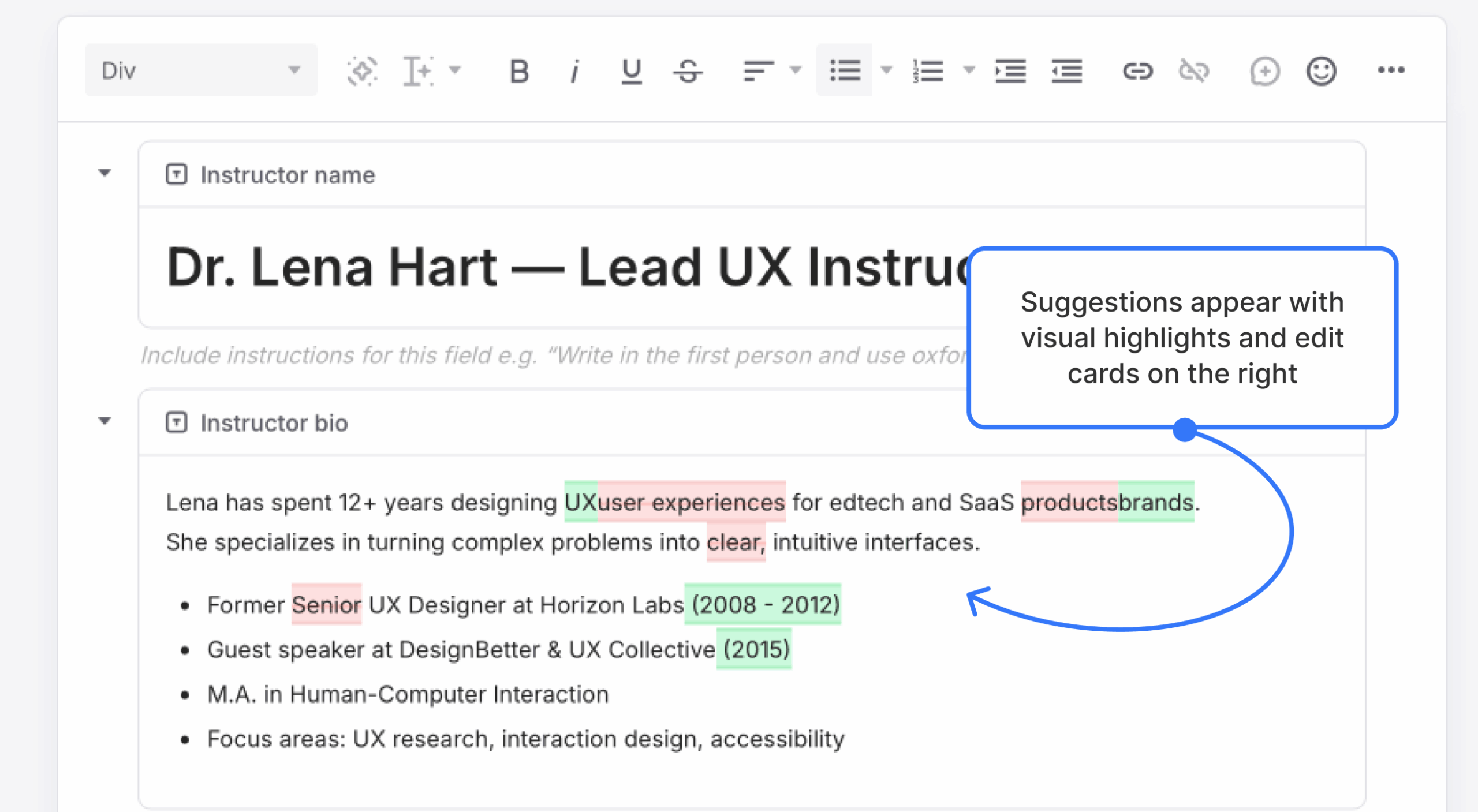 Suggestions appear with visual highlights and edit cards on the right