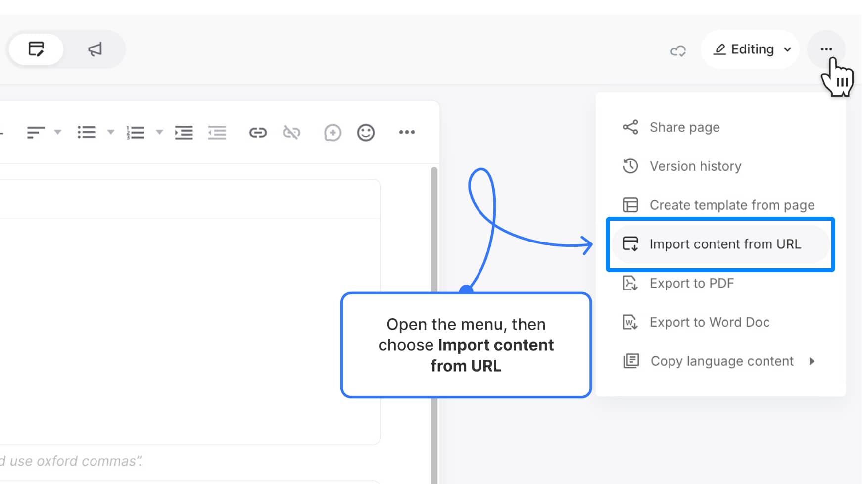 three-dot menu open with “Import content from URL” highlighted — Label text: “Open the menu, then choose Import content from URL”