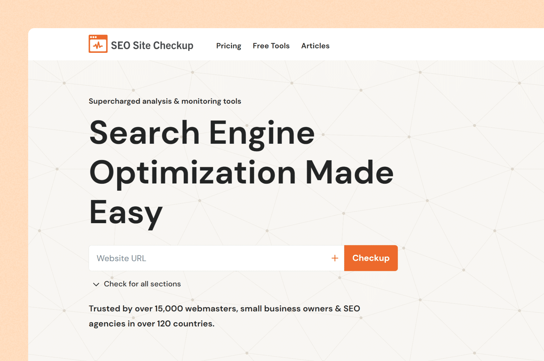 SEO Site Checkup homepage with search bar to check a website URL for optimization and sitemap details.