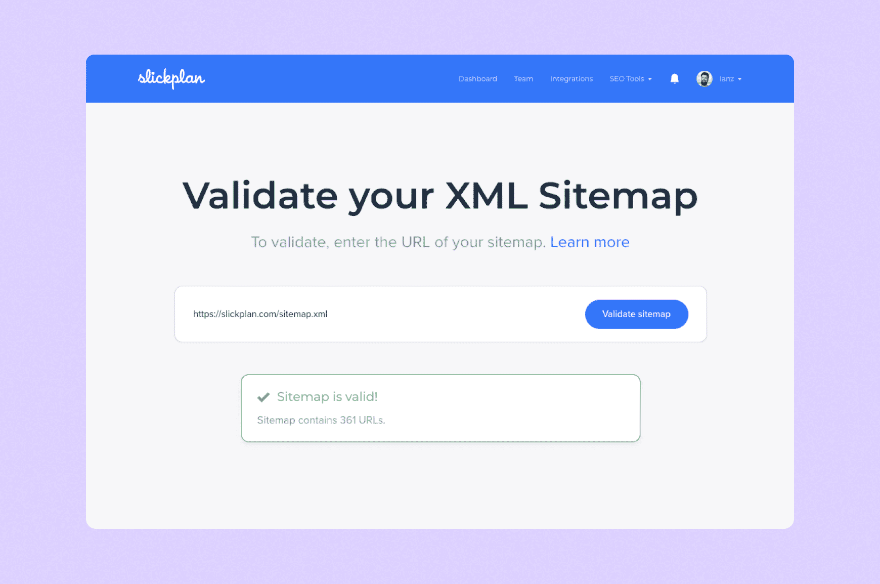 Slickplan’s XML sitemap validator showing a valid sitemap with 361 URLs confirmed. 
