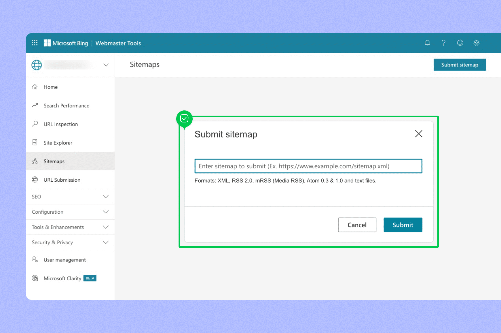 Bing Webmaster Tools “Submit sitemap” screen showing input field for sitemap URL submission. 