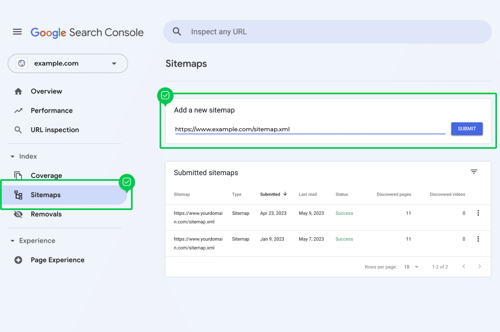 Google Search Console “Add a new sitemap” screen showing sitemap URL submission alongside submitted sitemaps list. 