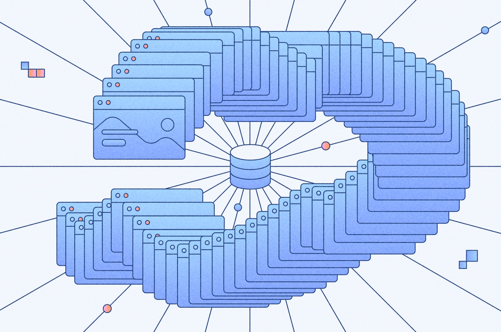 Illustration of multiple webpages, dozens layered, requiring a sitemap index file update