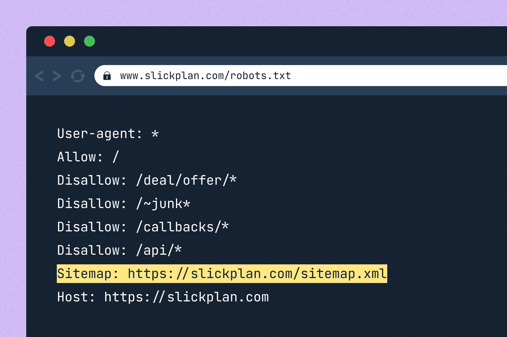 robots.txt file example with sitemap URL highlighted, showing https://slickplan.com/sitemap.xml. 