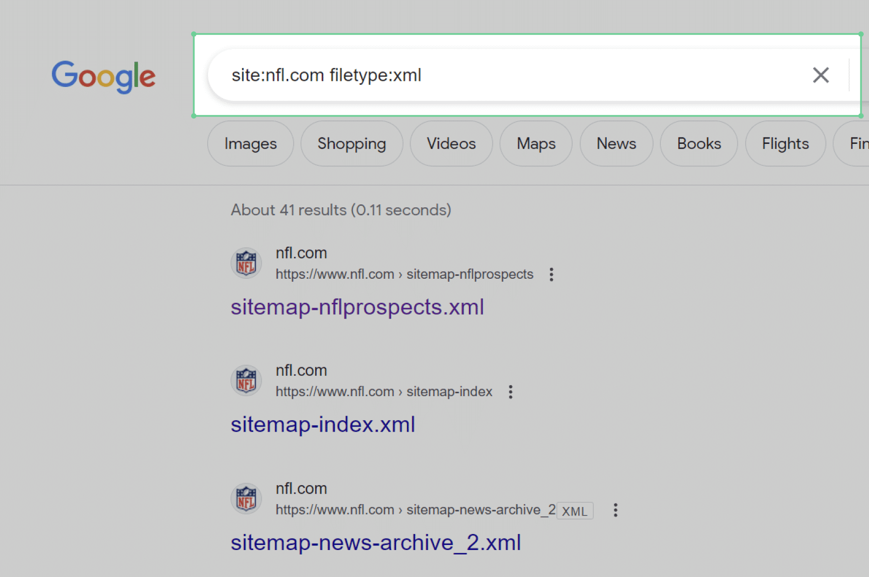 How to find a sitemap using Google search operators. Results for query “site:nfl.com filetype:xml” show NFL sitemaps, like sitemap-index.xml. 