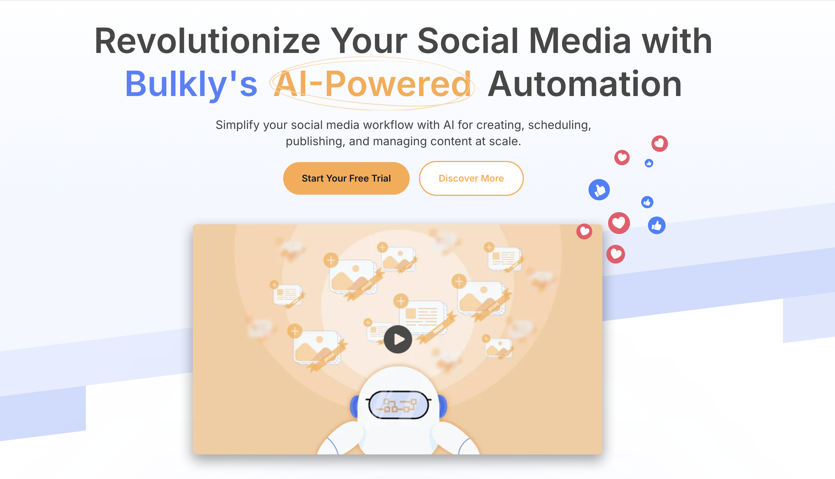 Screenshot of Bulkly homepage showing AI-powered social content automation dashboard